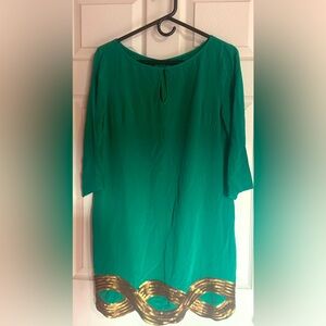 Trina Turk size 8 kelly green 100% silk dress with bronze sequin trim